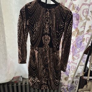 Black & Rose Gold Sequin Long Sleeve Party Dress